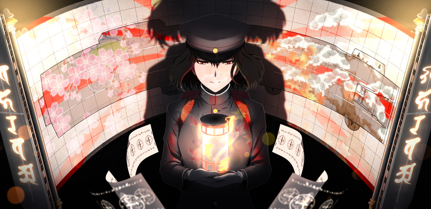 akitsu_maru_(kancolle) backpack bag black_hair cherry_blossoms commentary female hat highres kantai_collection lantern military military_uniform noica peaked_cap randoseru red_eyes scroll shadow short_hair siddham solo uniform