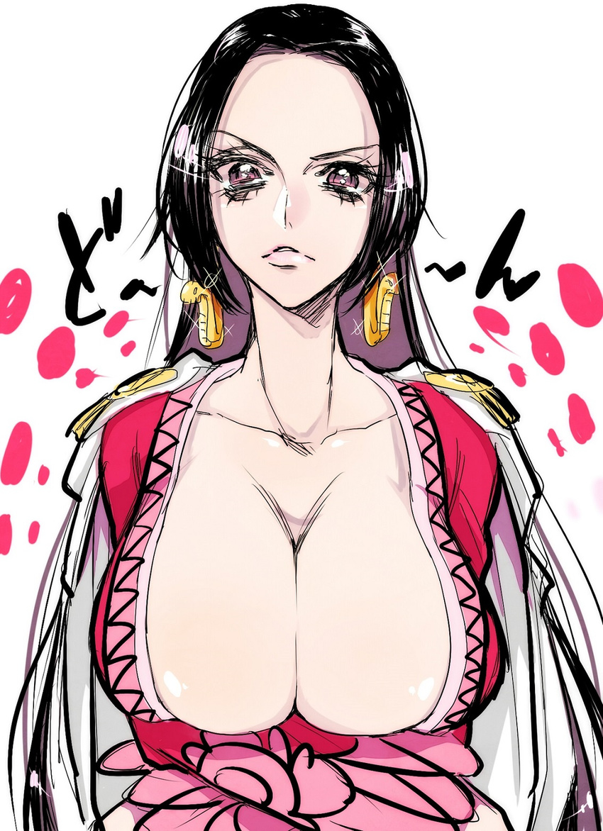 amazon black_hair boa_hancock breasts cleavage crossed_arms earrings female jewelry large_breasts long_hair muyukikiyoshi11521 one_piece pink_eyes solo