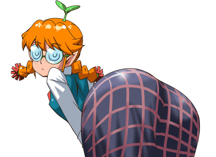 ass bent_over braid coke-bottle_glasses commentary_request female freckles freckles_(space_dandy) from_behind glasses long_hair looking_at_viewer looking_back nekuneku orange_hair plaid plaid_skirt plant plant_on_head school_uniform simple_background skirt solo space_dandy twin_braids white_background