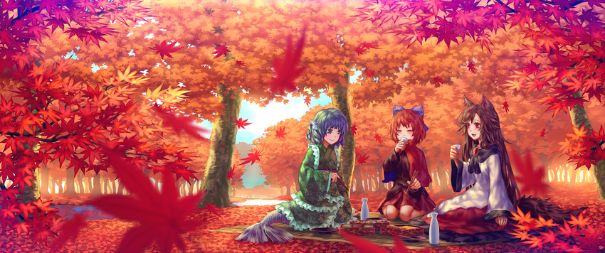 3girls :d animal_ears autumn_leaves bento blue_eyes blue_hair bow brooch brown_hair chopsticks closed_eyes closed_mouth commentary_request cup day drinking falling_leaves fins frilled_kimono frills grass_root_youkai_network hairbow head_fins highres holding imaizumi_kagerou japanese_clothes jewelry kimono leaf long_hair long_sleeves mermaid monster_girl multiple_girls obi oerba_yun_fang open_mouth outdoors purple_bow red_eyes red_hair red_skirt sakazuki sash scenery sekibanki short_hair skirt smile tail tokkuri touhou tree wakasagihime wasabichan wide_shot wide_sleeves wolf_ears wolf_tail