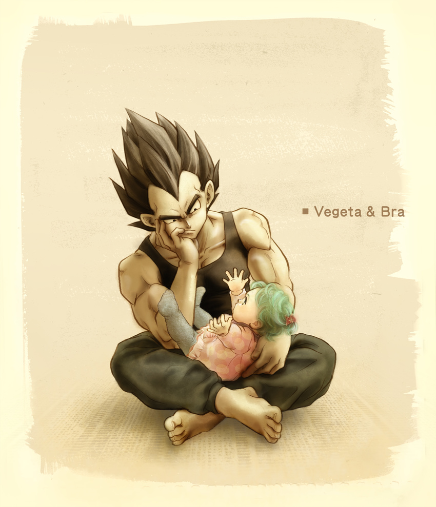 1boy aqua_hair baby bad_id bad_pixiv_id barefoot black_eyes black_hair bra_(dragon_ball) character_name commentary_request dragon_ball dragon_ball_z father_and_daughter female flower full_body hair_flower hair_ornament head_rest highres indian_style muscular sitting spiked_hair tank_top uirina vegeta widow's_peak