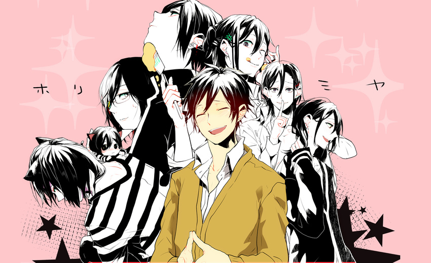 6+boys animal_ears cat_ears commentary_request ear_piercing finger_to_mouth glasses hair_ornament hairclip highres hori-san_to_miyamura-kun jacket katagiri_senior_high_school_uniform long_hair male_focus miyamura_izumi multiple_boys multiple_persona noppo one_eye_closed photoshop_(medium) piercing school_uniform smile