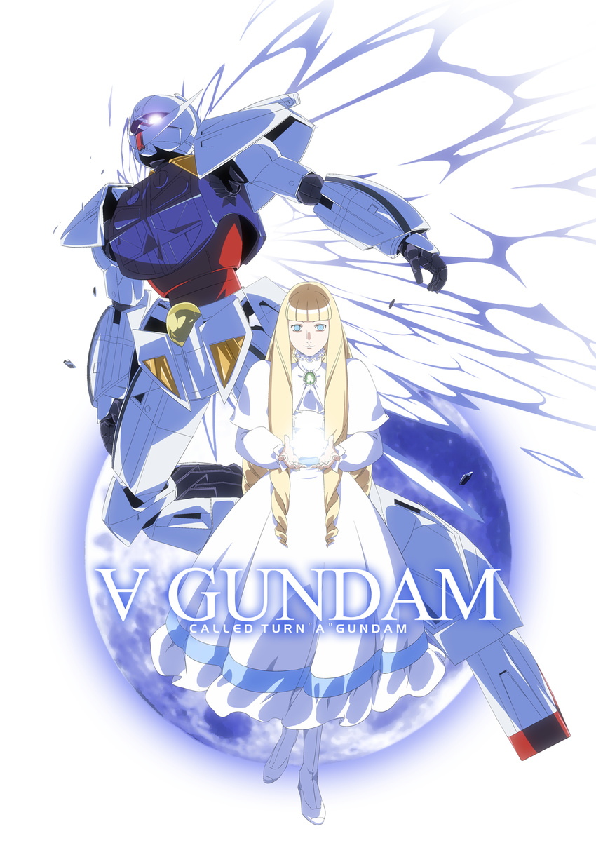 blonde_hair blue_eyes brooch commentary_request cosplay dianna_soreil dress drill_hair earth_(planet) female gasora glowing gundam highres jewelry kihel_heim kihel_heim_(cosplay) md5_mismatch mecha planet robot turn_a_gundam turn_a_gundam_(mobile_suit)