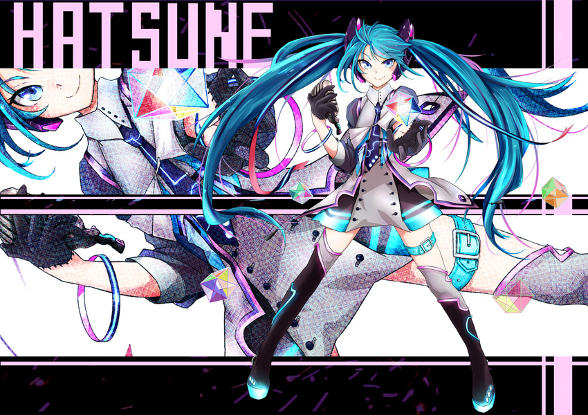 >:) aqua_hair black_gloves blue_eyes commentary_request female gloves half_gloves hatsune_miku headgear highres holding long_hair looking_at_viewer microphone nez_n smile solo twintails v-shaped_eyebrows very_long_hair vocaloid zoom_layer