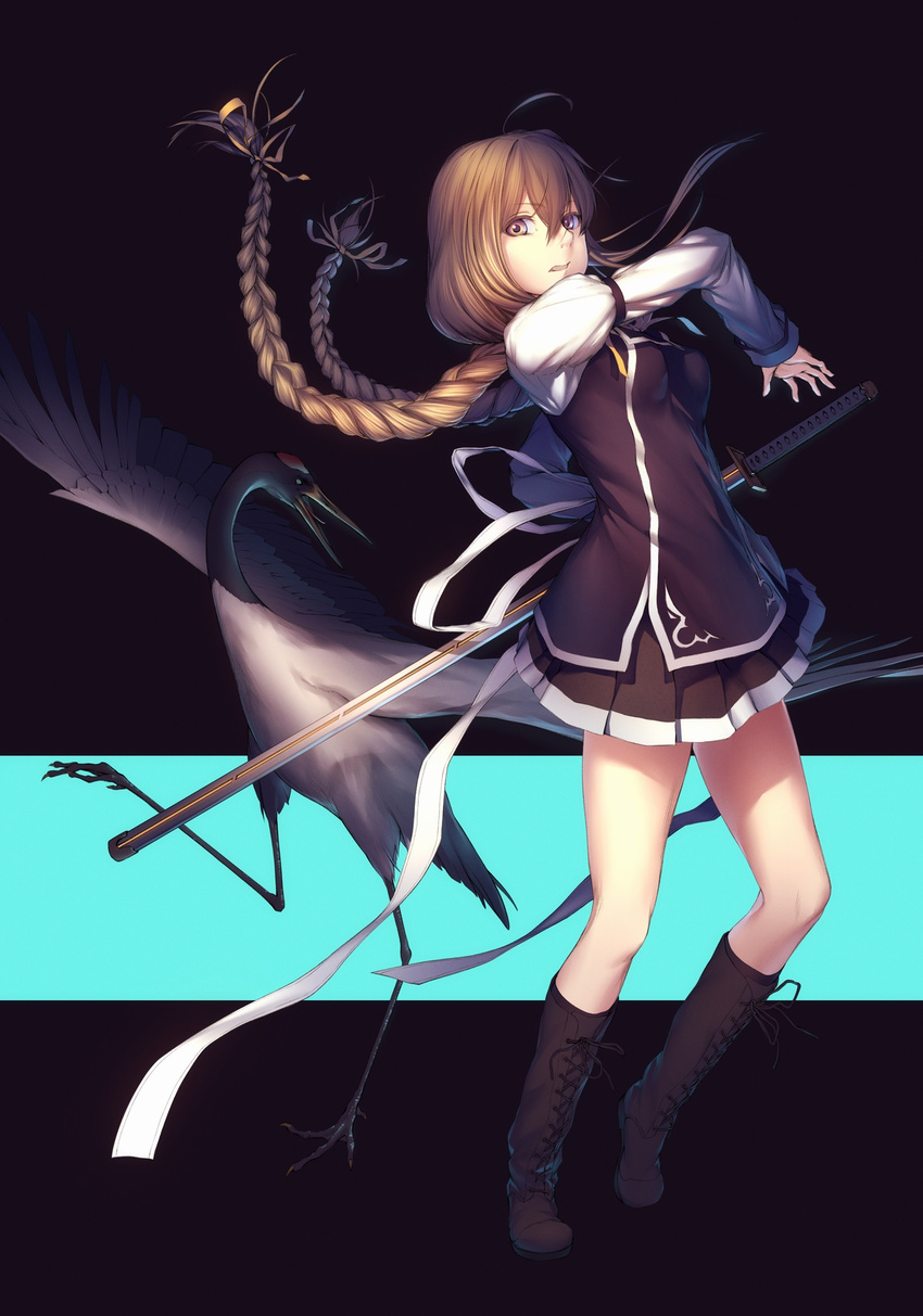 ahoge bird boots braid brown_eyes brown_footwear brown_hair commentary_request crane_(animal) cross-laced_footwear female full_body highres knee_boots lace-up_boots long_hair looking_at_viewer oki_(koi0koi) open_mouth rakudai_kishi_no_cavalry reaching school_uniform skirt solo standing sword toudou_touka twin_braids very_long_hair weapon