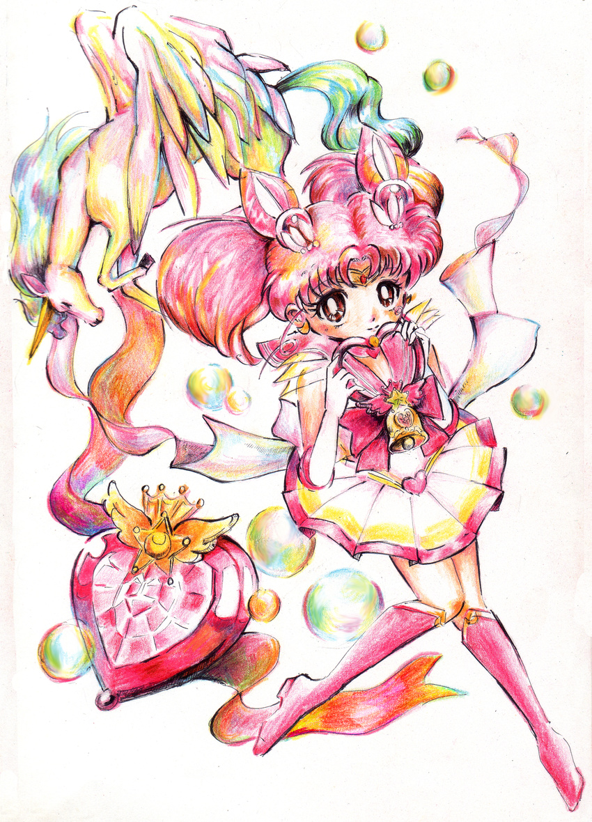 absurdres back_bow bell bishoujo_senshi_sailor_moon bishoujo_senshi_sailor_moon_supers boots bow brooch chibi_usa colored_pencil_(medium) commentary_request cone_hair_bun crystal crystal_carillon female full_body hair_bun hair_ornament hairclip heart heart_brooch helios_(sailor_moon) highres holding horns horse jewelry kmmmmmk knee_boots magical_girl mane multicolored_clothes multicolored_skirt pegasus pegasus_(sailor_moon) photoshop_(medium) pink_footwear pink_hair pink_sailor_collar sailor_chibi_moon sailor_collar sailor_senshi_uniform single_horn skirt star_(symbol) super_sailor_chibi_moon tiara traditional_media twintails