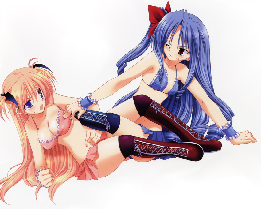 2girls artist_request bad_link bikini blue_hair boots bow breasts cleavage frills goshuushou-sama_ninomiya-kun hairbow highres houjou_reika jpeg_artifacts long_hair medium_breasts multiple_girls purple_eyes red_eyes ribbon sexually_suggestive side_ponytail swimsuit tsukimura_mayu twintails very_long_hair wrestling wrist_cuffs