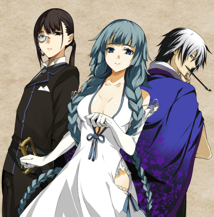 2boys aqua_eyes aqua_hair black_hair braid breasts cleavage commentary_request dan_karuma dress elbow_gloves female gloves highres japanese_clothes kimono kiseru kurana_munefuyu large_breasts long_hair monocle multiple_boys ponytail smile smoking_pipe soushuu_senshinkan_gakuen_hachimyoujin sword tatsumiya_yurika twin_braids very_long_hair weapon white_dress yuunagi_(seventh_heaven)