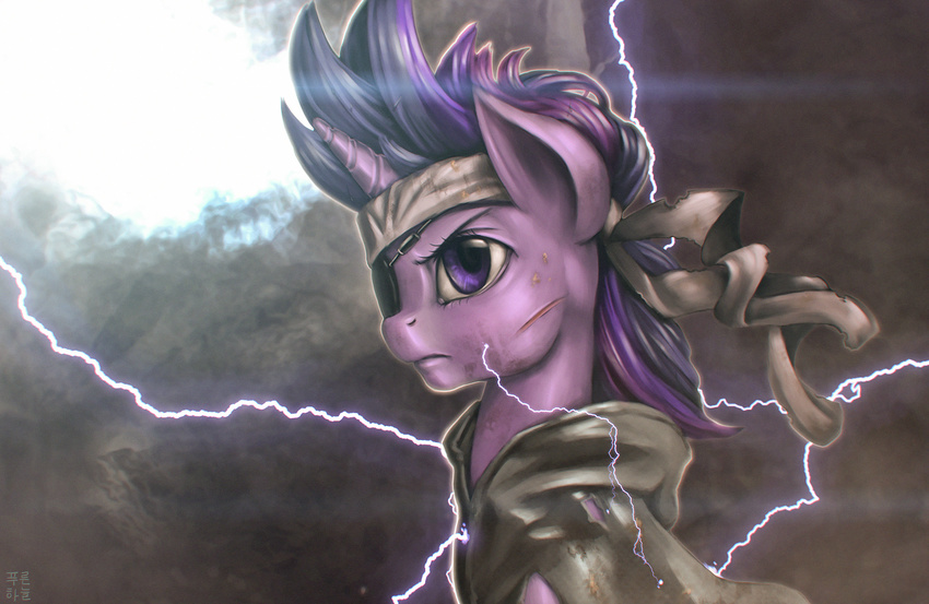 2014 abstract_background accessory clothing crossover electricity equid equine eye_patch eyewear female feral friendship_is_magic frown fur future_twilight_sparkle hair hasbro headband hi_res horn konami lightning mammal metal_gear mrs1989 multicolored_hair my_little_pony mythological_creature mythological_equine mythology purple_body purple_eyes purple_fur scar solo torn_clothing twilight_sparkle_(mlp) unicorn