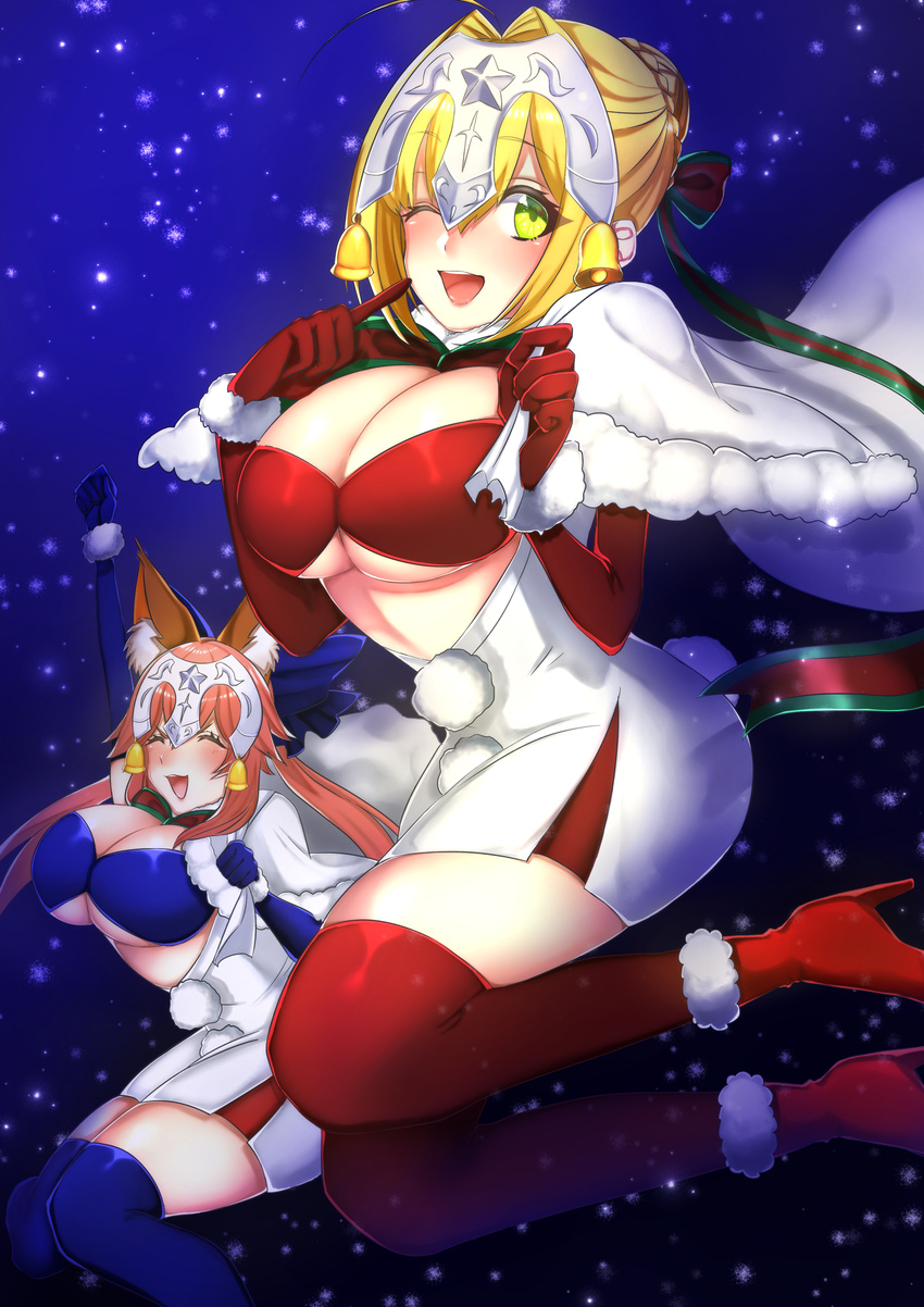 2girls absurdres ahoge alternate_costume bad_id bad_pixiv_id bell bikini bikini_top_only blonde_hair blue_bikini blue_gloves blue_thighhighs breasts christmas closed_eyes commentary_request cosplay elbow_gloves fate/extra fate/grand_order fate_(series) fur_trim gloves green_eyes green_ribbons hair_intakes headpiece highres jeanne_d'arc_(fate) jeanne_d'arc_alter_santa_lily_(fate) jeanne_d'arc_alter_santa_lily_(fate)_(cosplay) jingle_bell large_breasts looking_at_viewer multiple_girls nero_claudius_(fate) nero_claudius_(fate/extra) night one_eye_closed pink_hair red_bikini red_gloves red_legwear ribbon santa_costume snow snowing swimsuit tamamo_(fate) tamamo_no_mae_(fate/extra) thighhighs yayoi_maka