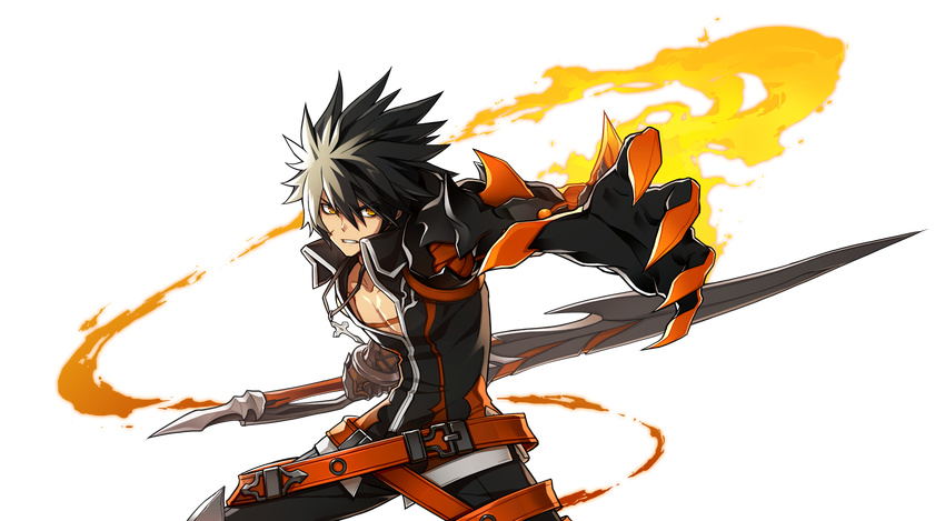 1boy absurdres belt black_hair black_pants black_shirt claws clenched_teeth cowboy_shot elsword fighting_stance highres holding holding_sword holding_weapon hwansang jewelry looking_at_viewer male_focus mechanical_arms multicolored_hair necklace official_art outstretched_hand pants raven_cronwell reckless_fist_(elsword) reverse_grip scar shirt single_mechanical_arm solo spiked_hair sword teeth transparent_background two-tone_hair weapon white_hair yellow_eyes