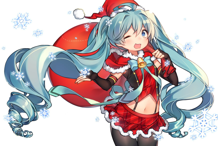 ahoge aqua_eyes aqua_hair bell black_gloves black_pantyhose bow bowtie christmas commentary cowboy_shot elbow_gloves female fingerless_gloves gamathx gloves hat hatsune_miku highres long_hair navel one_eye_closed open_mouth pantyhose sack santa_costume santa_hat simple_background skirt snowflakes solo suspender_skirt suspenders twintails very_long_hair vocaloid white_background