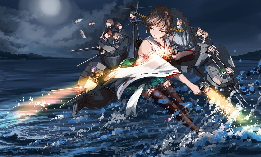 ahoge bare_shoulders boots brown_hair chibi cloud commentary_request detached_sleeves doraxi fairy_(kancolle) hiei_(kancolle) kantai_collection long_hair moon mountain night nontraditional_miko ocean one_eye_closed photoshop_(medium) purple_hair short_hair sky thigh_boots thighhighs turret twintails water wide_sleeves