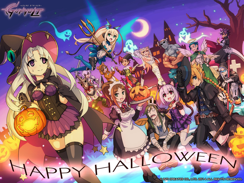 4girls 6+boys acura_(gunvolt) angel animal_costume animal_ears animal_hands apron asimov_(gunvolt) axe azure_striker_gunvolt bandages bare_tree blush bow bowtie brown_hair building carrera_(gunvolt) castle cat_paws crescent_moon daytona_(gunvolt) elise_(gunvolt) ghost gino_(gunvolt) grey_hair gunvolt hair_over_one_eye halloween halo happy_halloween hat hatakeyama_yoshitaka hatchet_(axe) highres holding jack-o'-lantern jota_(gunvolt) joule_(gunvolt) knight lantern looking_back lumen_(gunvolt) maid merak_(gunvolt) monica_(gunvolt) moon multicolored_hair multiple_boys multiple_girls official_art open_mouth outdoors pantera_(gunvolt) pants plant polearm purple_hair purple_sky red_bow red_bowtie saliva sarashi scythe shiden_(gunvolt) silhouette sky stratos_(gunvolt) sunglasses sweatdrop sword thighhighs tray tree trident two-tone_hair weapon white_hair wide-eyed witch_hat