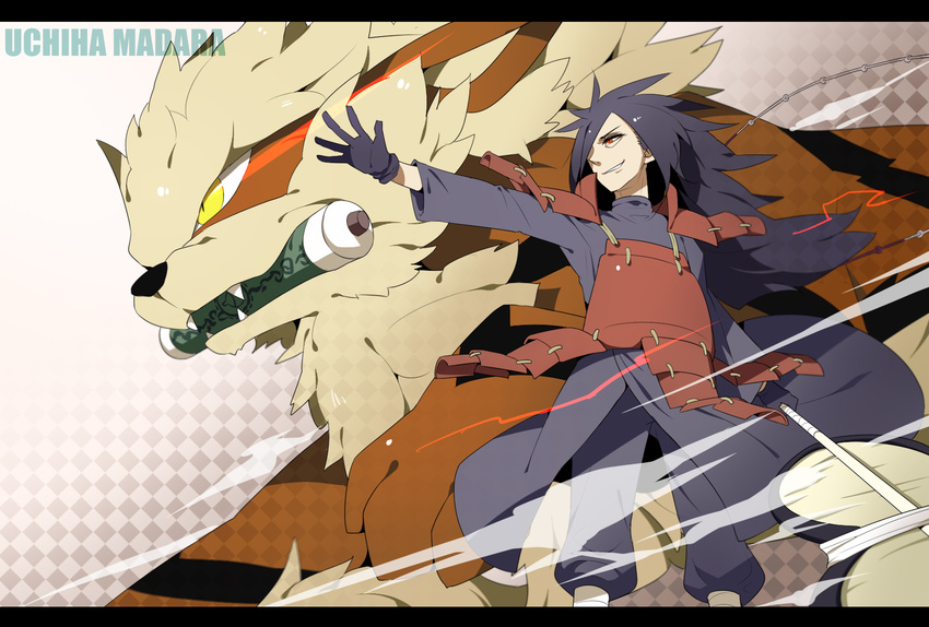 1boy arcanine armor black_gloves black_hair character_name commentary_request crossover fangs gloves highres letterboxed long_hair male_focus mouth_hold naruto_(series) naruto_shippuuden outstretched_arm photoshop_(medium) pokemon pokemon_(creature) red_eyes scroll sharingan size_difference slit_pupils standing uchiha_madara very_long_hair yellow_eyes zaver