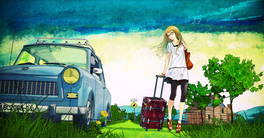 bag blonde_hair car commentary_request female flower glasses grass highres house light_smile long_hair md5_mismatch motor_vehicle outdoors redjuice resolution_mismatch road_sign rolling_suitcase sandals sign sky solo source_smaller star_(symbol) suitcase supercell_(band) trabant tree yellow_eyes