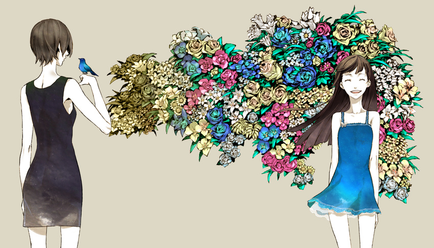 2girls bird brown_hair closed_eyes commentary_request dress flower from_behind highres long_hair miwa_shirow multiple_girls open_mouth photoshop_(medium) short_dress short_hair smile supercell_(band)