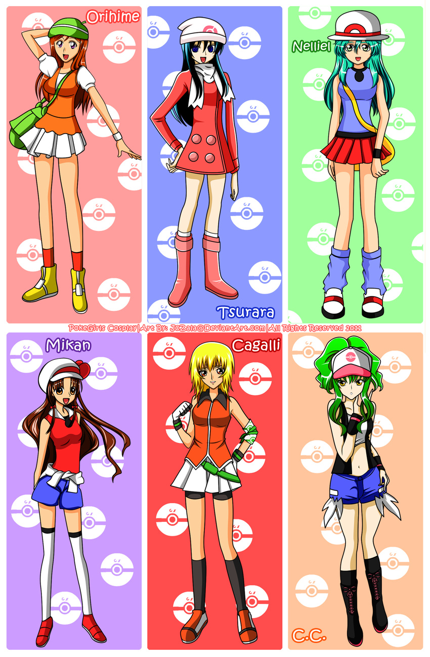 2011 6+girls alternate_costume bianca_(pokemon) bianca_(pokemon)_(cosplay) bleach blue_eyes c.c. cagalli_yula_athha code_geass commentary_request cosplay dawn_(pokemon) dawn_(pokemon)_(cosplay) english_text gakuen_alice green_(pokemon) green_(pokemon)_(cosplay) green_eyes gs_ball gundam gundam_seed gundam_seed_destiny hat highres hilda_(pokemon) hilda_(pokemon)_(cosplay) inoue_orihime jczala lyra_(pokemon) lyra_(pokemon)_(cosplay) may_(pokemon) may_(pokemon)_(cosplay) multiple_girls nelliel_tu_odelschwanck nurarihyon_no_mago orange_eyes photoshop_(medium) poke_ball pokemon purple_eyes sakura_mikan skirt watermark yellow_eyes yuki_onna_(nurarihyon_no_mago)