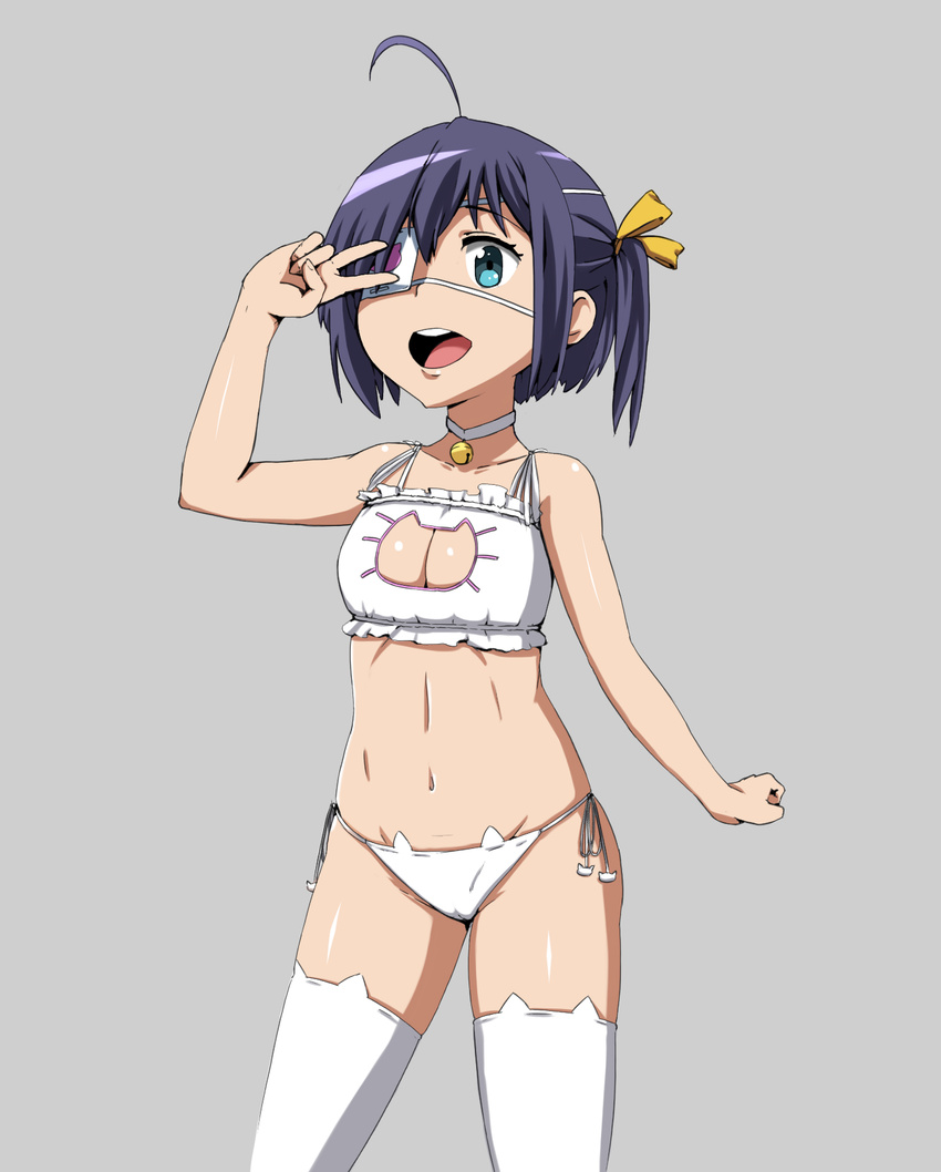 asortofcolorfag bell black_hair blue_eyes cat_cutout cat_ear_panties cat_lingerie chuunibyou_demo_koi_ga_shitai! cleavage_cutout clothing_cutout colorized commentary_request eyepatch female highres jingle_bell maru_(artist) medical_eyepatch meme_attire navel one_side_up panties short_hair side-tie_panties solo takanashi_rikka thighhighs underwear v_over_eye