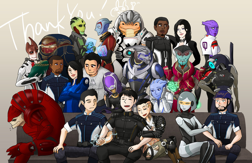 6+boys 6+girls alien android aria_t'loak arm_hug armor asari_(mass_effect) ashley_williams aura baby bald baseball_cap black_hair blue_eyes blue_skin blush bodysuit colored_skin commander_shepard commander_shepard_(male) commentary_request couch couple dark_skin drell edi_(mass_effect) eve_(mass_effect) everyone extra_eyes facial_hair falere full-body_tattoo garrus_vakarian geth goatee green_skin grey_skin group_picture grunt_(mass_effect) hat holding_hands holographic_monitor humanoid_robot interlocked_fingers jack_(mass_effect) jacob_taylor james_vega javik_(mass_effect) joints joker_(mass_effect) kolyat_krios krogan legion_(mass_effect) liara_t'soni mass_effect_(series) mass_effect_3 military military_uniform miranda_lawson mordin_solus moustache multiple_boys multiple_girls photo_(object) power_armor prothean purple_skin quarian rila robot robot_joints salarian samara_(mass_effect) sawa_(saza) scouter short_ponytail sitting sparkle steve_cortez straight sweatdrop tali'zorah tattoo thane_krios thank_you time_paradox turian uniform urdnot_wrex very_dark_skin