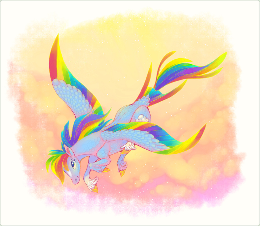 cloud equid equine feathered_wings feathers female feral flying friendship_is_magic gold_(metal) gold_hooves hair hasbro hooves mammal multicolored_body multicolored_feathers multicolored_hair my_little_pony mythological_creature mythological_equine mythology outside pegasus rainbow_body rainbow_dash_(mlp) rainbow_feathers rainbow_hair simple_background sky solo spread_wings tail tail_feathers thiscrispykat wings