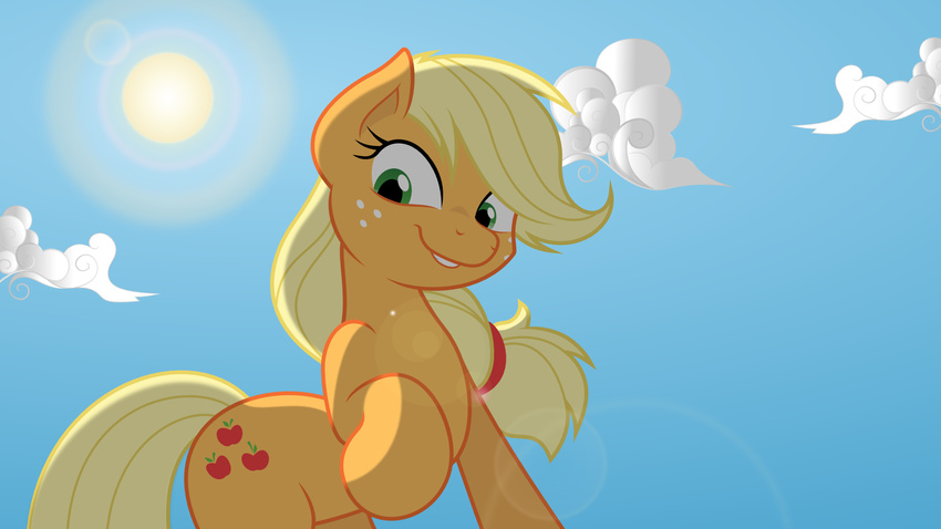 16:9 2012 applejack_(mlp) blonde_hair cloud cutie_mark equid equine female feral freckles friendship_is_magic green_eyes hair hasbro hi_res horse joey-darkmeat looking_at_viewer mamandil mammal my_little_pony outside pony sky skyscape solo sun widescreen