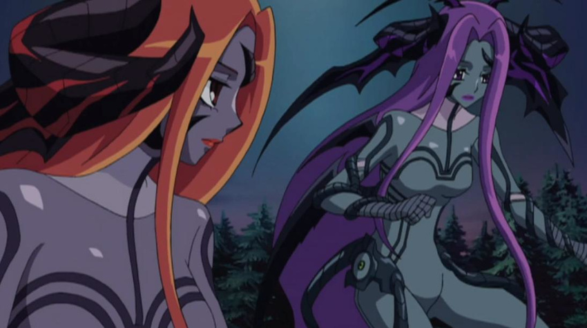 2girls alternate_hair_color cardfight!!_vanguard clone dark_irregulars decadent_succubus horns long_hair multiple_girls orange_hair purple_hair screencap siblings sisters tattoo twins