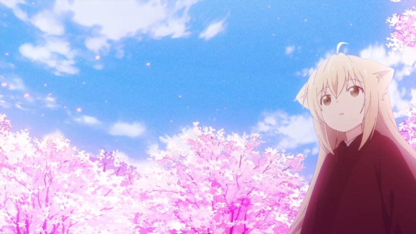 animal_ears anime_screenshot cherry_blossoms day female fox_ears furry furry_female konohana_kitan outdoors sky solo yuzu_(konohana_kitan)