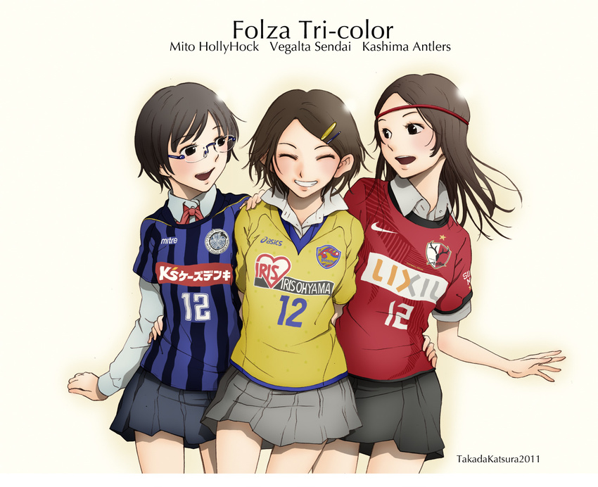 2011_sendai_earthquake_and_tsunami 3girls asics black_eyes black_hair brown_hair closed_eyes clothes_writing commentary_request glasses grin hair_ornament hairclip hand_on_another's_shoulder hand_on_own_hip highres hug j._league kashima_antlers md5_mismatch mito_hollyhock multiple_girls shirt short_hair smile soccer soccer_uniform sportswear striped_clothes striped_shirt takada_katsura vegalta_sendai