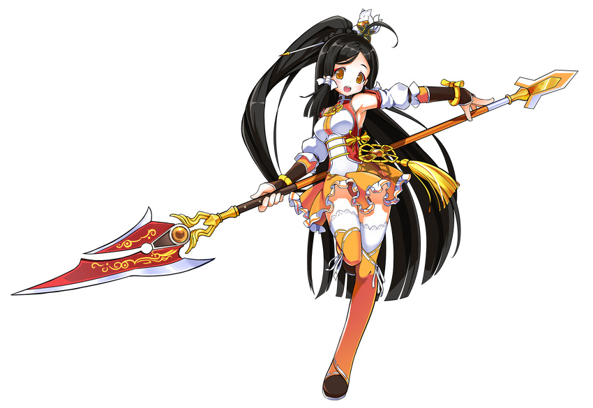 :d absurdres ahoge ara_haan black_hair detached_sleeves elsword eyeshadow female fox_hair_ornament full_body hair_ornament hair_stick half_updo high_ponytail highres holding holding_polearm holding_weapon little_xia_(elsword) long_hair looking_at_viewer makeup official_art open_mouth orange_eyes orange_skirt orange_thighhighs polearm polearm_behind_back ponytail sando_(dukedevil) skirt smile solo spear standing standing_on_one_leg tassel thighhighs transparent_background weapon wide_ponytail zettai_ryouiki