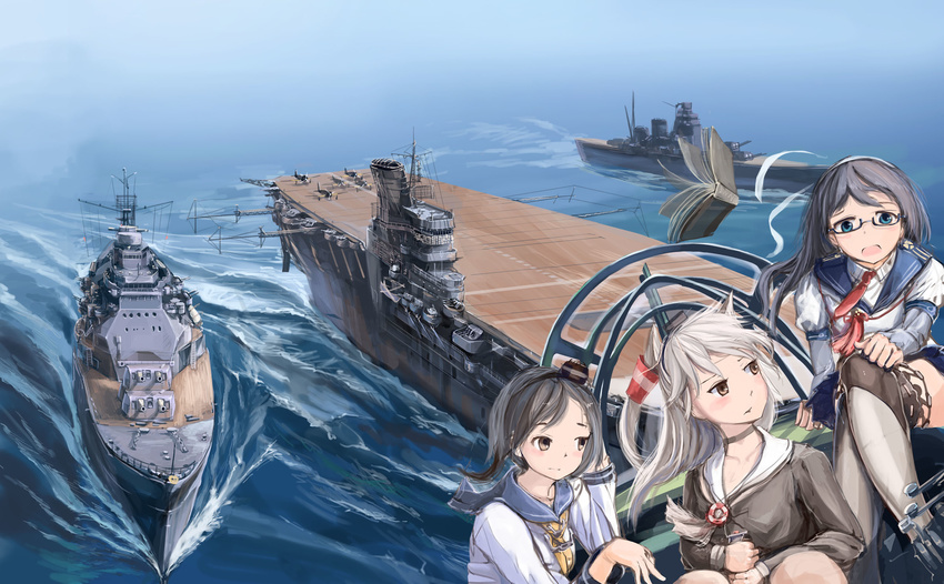 3girls aircraft aircraft_carrier airplane amatsukaze_(kancolle) black_hair blue_eyes book choker cockpit collarbone commentary doraxi flight_deck grey_hair hair_tubes highres jitome kantai_collection long_hair military military_vehicle multiple_girls ocean ooyodo_(kancolle) open_mouth photoshop_(medium) puffy_sleeves sailor_collar ship short_hair skirt_hold thighhighs tokitsukaze_(kancolle) turret vehicle_focus warship water watercraft white_hair zettai_ryouiki