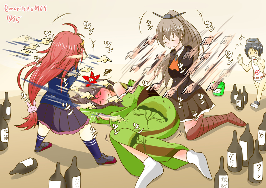 4girls ^^^ ahoge alcohol amagi_(kancolle) ascot blazer bottle brown_hair brown_legwear brown_skirt closed_eyes commentary_request crescent crescent_hair_ornament dated diving_mask diving_mask_on_head drunk flower flying_sweatdrops goggles goggles_on_head hair_flower hair_ornament headgear high_ponytail highres jacket japanese_clothes kantai_collection kimono kumano_(kancolle) long_hair long_sleeves lying maru-yu_(kancolle) miniskirt moritaku0708 multiple_girls on_side one-piece_swimsuit pleated_skirt poking ponytail rabbit_hair_ornament rapid_punches red_hair sake school_swimsuit school_uniform serafuku short_hair skirt squiggle sweatdrop swimsuit twitter_username uzuki_(kancolle) white_legwear white_one-piece_swimsuit