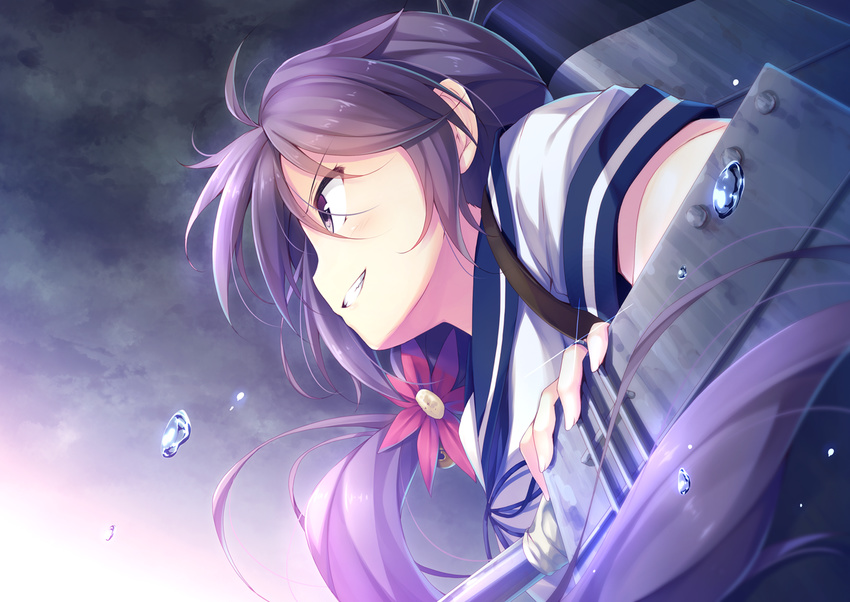 akebono_(kancolle) bell bubble cannon cloud cloudy_sky commentary_request female flower from_below from_side hair_bell hair_flower hair_ornament jewelry jingle_bell kantai_collection long_hair machinery masaki_kei purple_eyes purple_hair ring school_uniform serafuku short_sleeves side_ponytail sky smile smokestack solo teeth turret uniform water wedding_ring