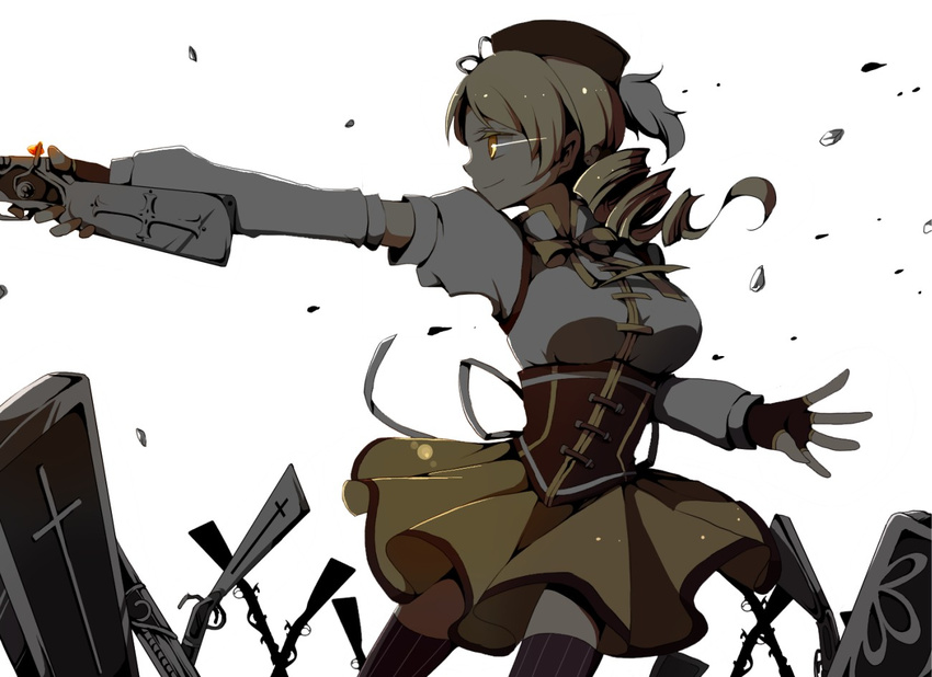 antique_firearm beret blonde_hair breasts commentary_request detached_sleeves drill_hair female field_of_blades fingerless_gloves gloves gun hair_ornament hat magical_girl magical_musket mahou_shoujo_madoka_magica mahou_shoujo_madoka_magica_(anime) medium_breasts multiple_weapons planted planted_gun pleated_skirt skirt smile solo striped_clothes striped_thighhighs tanemaki_shirura thighhighs tomoe_mami tomoe_mami_(magical_girl) vertical-striped_clothes vertical-striped_thighhighs weapon yellow_eyes