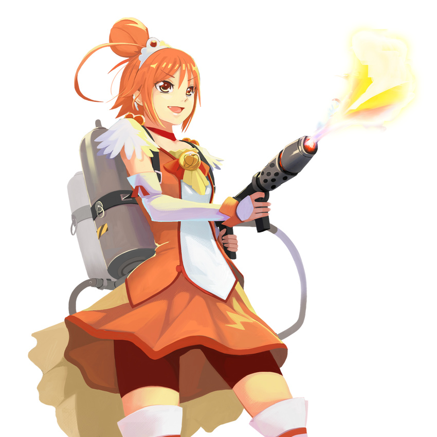 ahoge bike_shorts bike_shorts_under_skirt bridal_gauntlets choker commentary cure_sunny elrowa female fire flamethrower hair_bun highres hino_akane_(smile_precure!) hokuto_no_ken obutsu_wa_shoudoku_da oerba_yun_fang orange_eyes orange_hair orange_skirt orange_theme precure red_choker red_shorts shorts single_hair_bun skirt smile_precure solo thighhighs transparent_background weapon