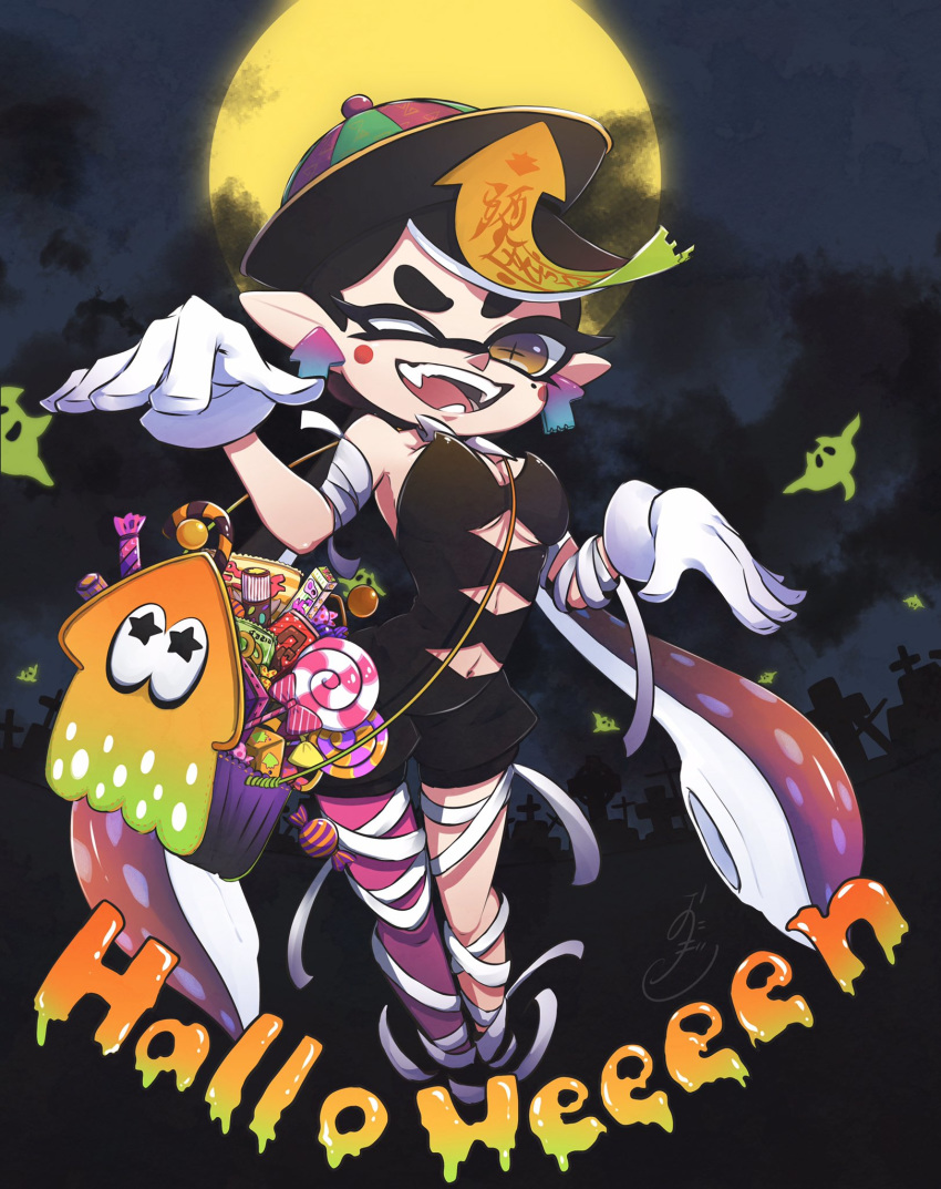 +_+ bandages basket black_hair black_jumpsuit callie_(splatoon) candy earrings fangs female food full_moon gloves halloween hat highres inkling jewelry jumpsuit lollipop mole mole_under_eye moon ofuda okome_2g2g one_eye_closed open_mouth pointy_ears purple_legwear short_jumpsuit solo splatoon_(series) splatoon_1 tentacle_hair tombstone white_gloves