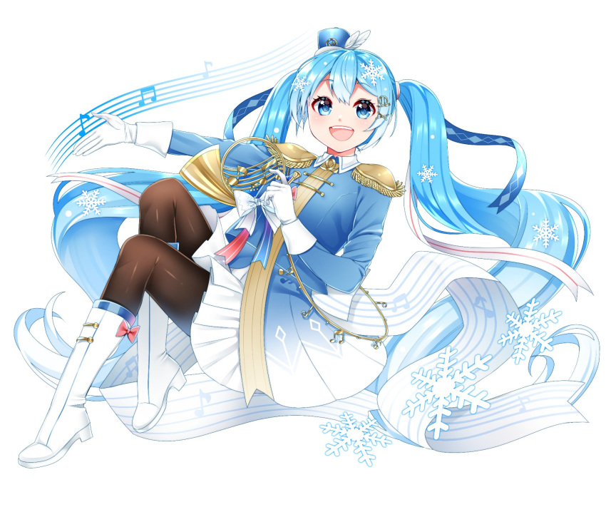 band_uniform beamed_eighth_notes blue_eyes blue_hair blue_jacket boots bow bowtie commentary eighth_note epaulettes female french_horn full_body gloves gradient_hair hair_ornament hairclip hat hat_feather hatsune_miku highres holding holding_instrument instrument jacket knees_up long_hair looking_at_viewer masumofu multicolored_hair musical_note open_mouth outstretched_arm pantyhose pleated_skirt sheet_music skirt smile snowflakes solo staff_(music) tassel twintails very_long_hair vocaloid white_footwear white_gloves white_hat white_skirt yuki_miku yuki_miku_(2020)