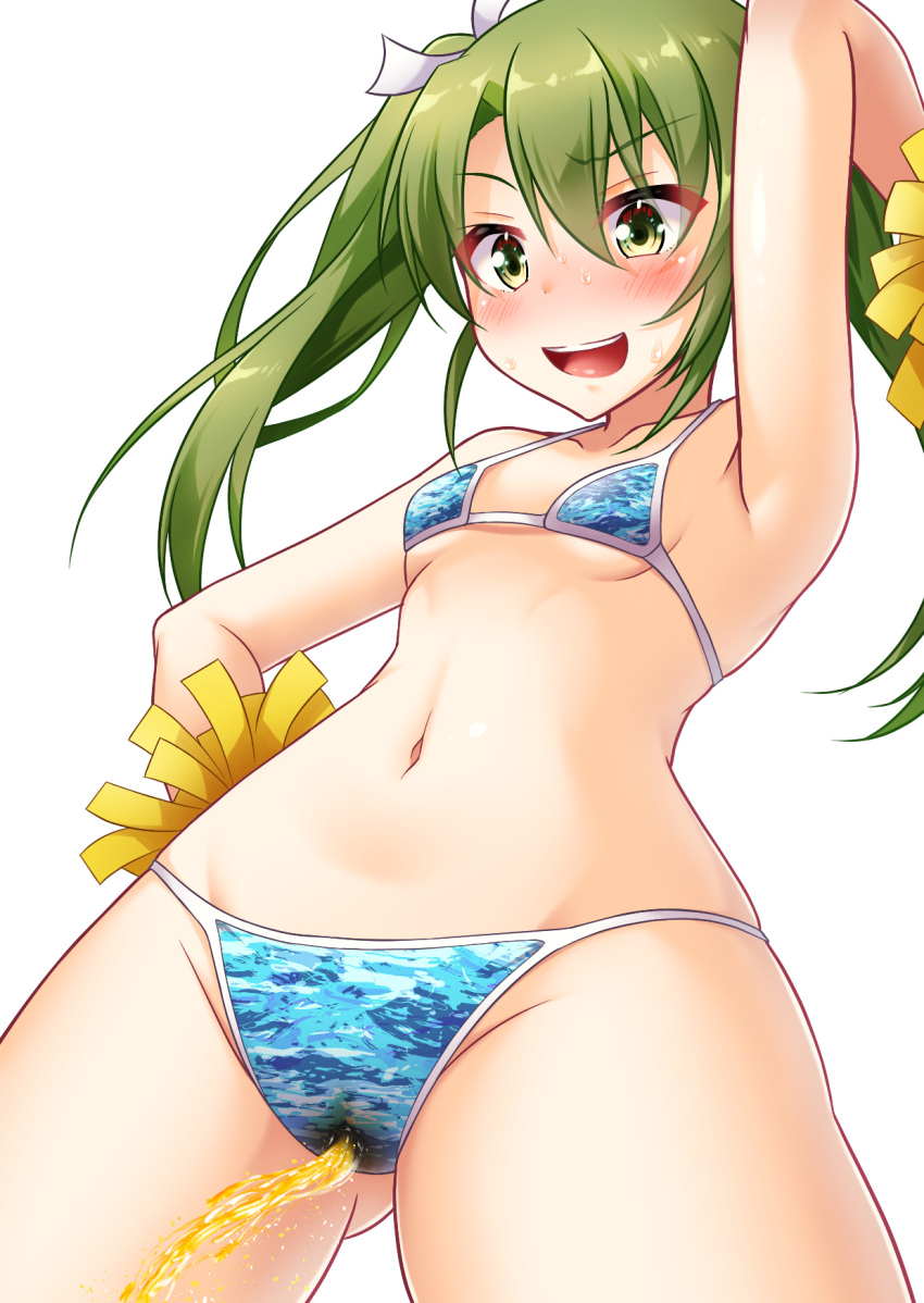 bikini blush female green_eyes green_hair hair_ribbon highres kantai_collection kazami_ren_(fuushagoya) long_hair navel peeing pom_pom_(cheerleading) ribbon simple_background solo sweat swimsuit twintails urine zuikaku_(kancolle)