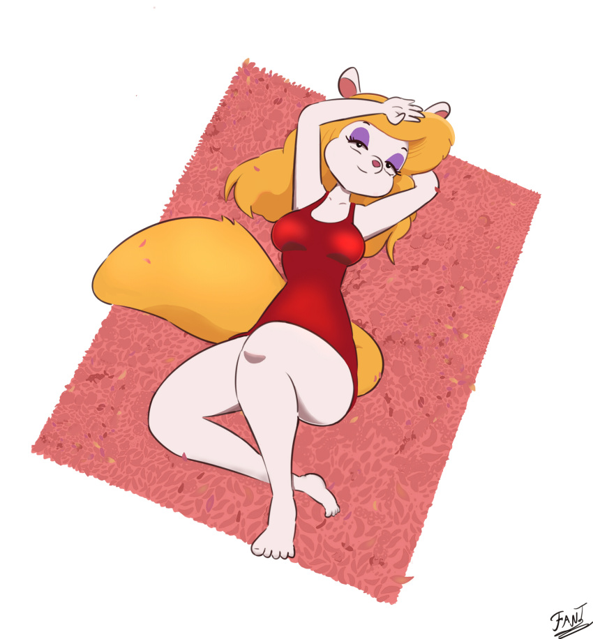 animaniacs anthro bird's-eye_view clothing fantharubi female hi_res high-angle_view looking_at_viewer lying mammal minerva_mink mink mustelid musteline on_back solo swimwear true_musteline warner_brothers