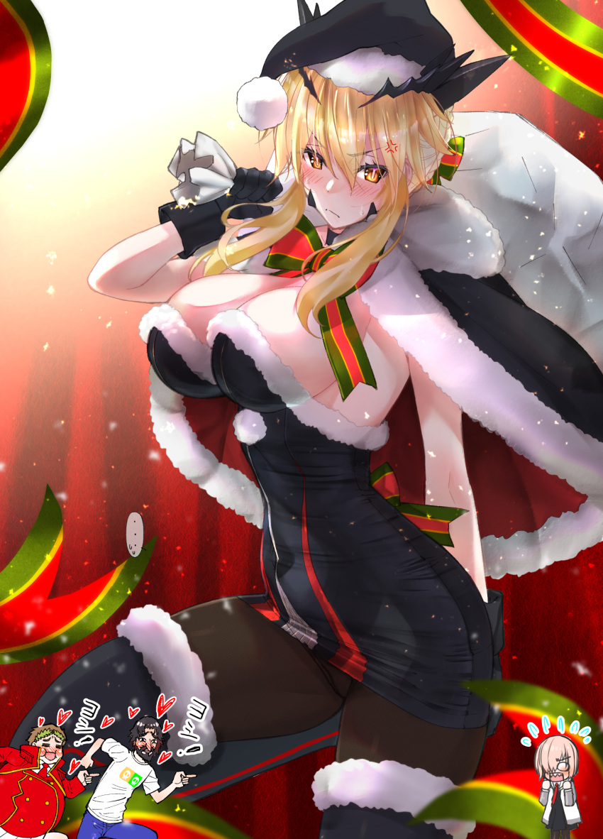 ... 2boys 2girls anger_vein arm_behind_back artoria_pendragon_(fate) artoria_pendragon_(lancer_alter)_(fate) black_cape black_footwear black_gloves black_headwear black_pantyhose black_santa_costume black_thighhighs blonde_hair blush boots bow breasts cape christmas closed_mouth commentary_request cosplay dress edward_teach_(fate) edward_teach_(final_ascension)_(fate) fate/grand_order fate_(series) flying_sweatdrops frown fur-trimmed_cape fur-trimmed_footwear fur_trim gaius_julius_caesar_(fate) glaring gloves half-closed_eyes hat heart highres holding holding_sack kneeling large_breasts looking_at_viewer mash_kyrielight microdress multiple_boys multiple_girls over_shoulder pantyhose red_bow red_cape sack sanazura_hiroyuki santa_alter santa_alter_(cosplay) santa_costume santa_hat short_hair sidelocks snowing solo_focus spoken_ellipsis strapless strapless_dress sweatdrop thigh_boots thighhighs tied_hair translated two-sided_cape two-sided_fabric yellow_eyes