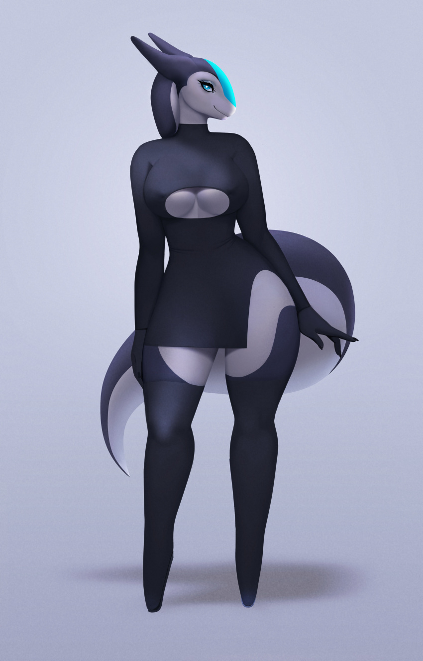 absurd_res anthro blue_eyes breasts cleavage_cutout clothed clothing countershading cutout digital_media_(artwork) female frieder1 front_view full-length_portrait grey_body grey_skin hi_res legwear looking_at_viewer nipple_outline one_piece_suit pointed_feet portrait rasha simple_background slit_dress smile soft_lighting solo standing stockings tail thick_tail thick_thighs thigh_highs unknown_species white_body white_countershading wide_hips