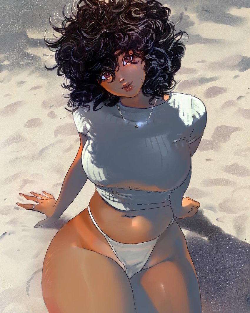 bikini black_hair breasts brown_eyes commentary_request crop_top cropped_sweater curly_hair curvy dark-skinned_female dark_skin eyebrows_hidden_by_hair female groin head_tilt highres jewelry large_breasts lips little_thunder midriff mixed_media mole navel necklace original ring sand sitting solo stomach swimsuit thick_thighs thighs white_bikini