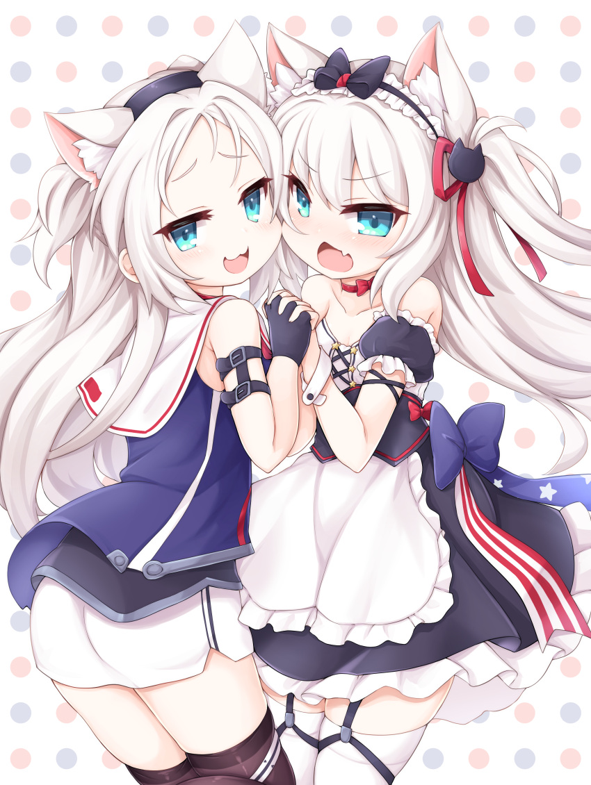 2girls :3 :d absurdres american_flag american_flag_print animal_ear_fluff animal_ears apron arm_belt ass azur_lane bare_shoulders black_bow black_dress black_gloves black_thighhighs blue_eyes blue_shirt blush bow cat_ears cheek-to-cheek choker collarbone commentary_request cowboy_shot dress fake_animal_ears fingerless_gloves flag_print frilled_apron frills gloves green_eyes hair_between_eyes hair_ornament hair_ribbon hairbow hammann_(azur_lane) hammann_(retrofit)_(azur_lane) headband heads_together highres interlocked_fingers kinomiki_nobori long_hair looking_at_viewer multiple_girls oerba_yun_fang open_mouth parted_bangs partial_commentary polka_dot polka_dot_background puffy_short_sleeves puffy_sleeves red_choker ribbon sailor_collar shirt short_sleeves sidelocks sims_(azur_lane) sims_(retrofit)_(azur_lane) skin_fang skindentation skirt sleeveless sleeveless_shirt smile smug standing thighhighs two_side_up waist_apron white_apron white_hair white_sailor_collar white_skirt white_thighhighs wrist_cuffs zettai_ryouiki