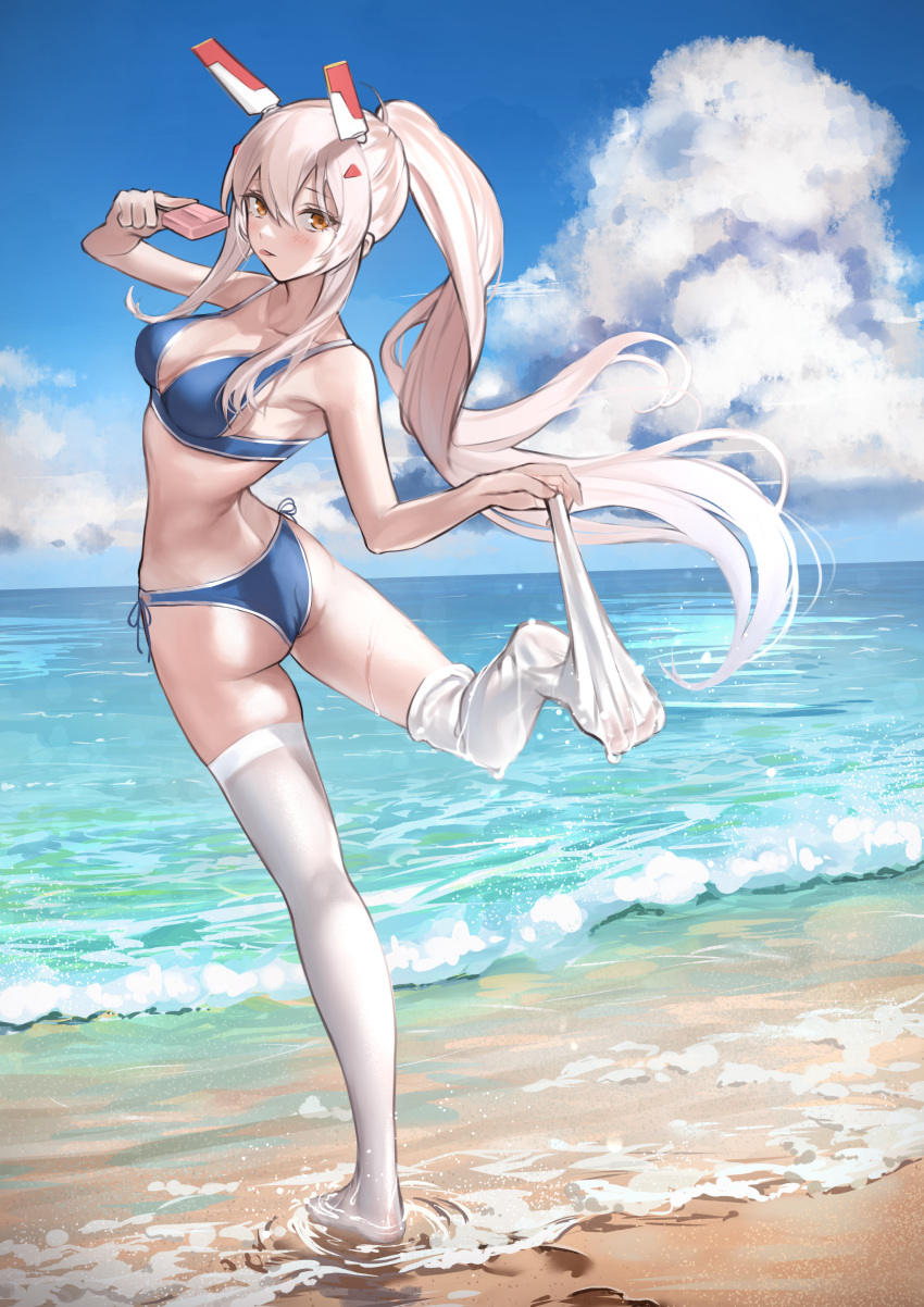 :p absurdres alternate_costume armpits ass ayanami_(azur_lane) ayanami_(retrofit)_(azur_lane) azur_lane bad_id bad_pixiv_id bare_back beach bikini blue_bikini blue_sky breasts catumi_(ta938_ka23) cleavage cloud cloudy_sky commentary_request contemporary day female food from_behind hair_ornament hairclip headgear highres holding horizon long_hair looking_at_viewer looking_back midriff ocean orange_eyes outdoors ponytail popsicle side-tie_bikini_bottom sidelocks sky solo standing standing_on_one_leg swimsuit thighhighs thighhighs_pull tongue tongue_out unworn_thighhighs wet wet_thighhighs white_thighhighs wind