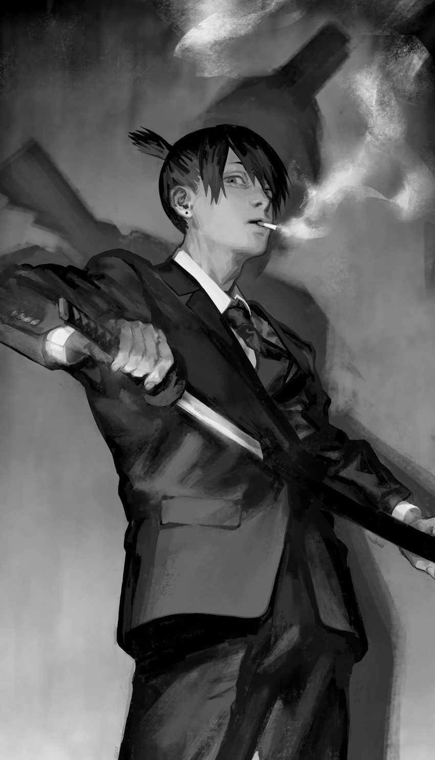 1boy buttoned_cuffs buttons chainsaw_man cigarette collared_shirt cowboy_shot different_shadow drawing_sword dress_shirt earrings formal gradient_background grey_background greyscale hands_up hayakawa_aki high_ponytail highres holding holding_sword holding_weapon jewelry katana long_sleeves looking_at_viewer male_focus monochrome necktie parted_lips ponytail scabbard seki_(fyfyfy) shadow sheath shirt short_hair simple_background smoke smoking solo spoilers standing stud_earrings suit sword topknot unsheathing weapon