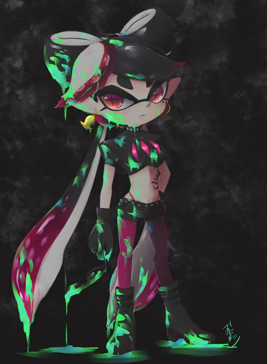 +_+ belt black_belt black_gloves black_hair black_shirt callie_(splatoon) collar earrings female food food_on_head frown gloves highleg highleg_panties highres ink inkling jewelry long_hair looking_at_viewer midriff mole mole_under_eye navel object_on_head okome_2g2g panties pantyhose pantyhose_under_shorts pointy_ears purple_eyes purple_pantyhose shirt short_shorts short_sleeves shorts solo spiked_belt spiked_collar spikes splatoon_(series) splatoon_2 standing tattoo tentacle_hair underwear very_long_hair