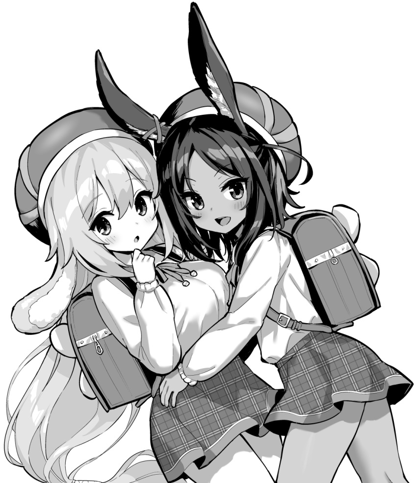 2girls animal_ears azur_lane azur_lane:_slow_ahead backpack bag beret breasts commentary dark-skinned_female dark_skin greyscale hat highres hori_(hori_no_su) i-25_(azur_lane) i-25_(coral_reef_bunny)_(azur_lane) i-26_(azur_lane) i-26_(deep-sea_rabbit)_(azur_lane) monochrome multiple_girls neck_ribbon official_alternate_costume official_art parted_bangs parted_lips plaid plaid_skirt rabbit_ears randoseru ribbon skirt smile