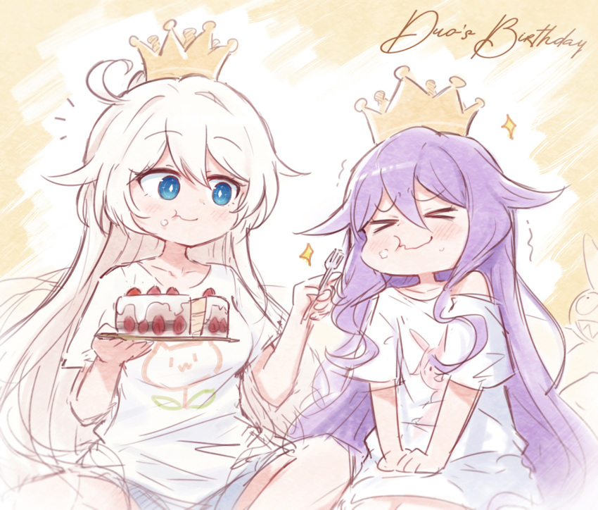 2girls blue_eyes cake closed_eyes closed_mouth cloud commentary_request crown diaoxian_kuangmo eating food food_on_face fork hair_between_eyes happy_birthday holding holding_fork holding_plate honkai_(series) honkai_impact_3rd kiana_kaslana long_hair multiple_girls plate purple_hair shirt short_sleeves sirin white_hair white_shirt