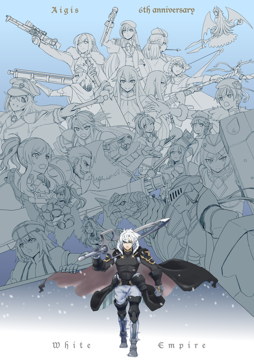 3boys 6+girls ahoge aleese_(sennen_sensou_aigis) animal_hood anniversary armor beret black_cape blue_background cape clenched_hand daoine_(heireann) dragon dragon_girl dragon_horns eleonora_(sennen_sensou_aigis) emperor_(sennen_sensou_aigis) english_text filine_(sennen_sensou_aigis) flask friede_(sennen_sensou_aigis) gauntlets georg_(sennen_sensou_aigis) gun hat helmine_(sennen_sensou_aigis) highres holding holding_flask holding_staff hood horns isabelle_(sennen_sensou_aigis) katana kicking leona_(sennen_sensou_aigis) leora_(sennen_sensou_aigis) lieselotte_(sennen_sensou_aigis) liza_(sennen_sensou_aigis) lucia_(sennen_sensou_aigis) lux_(sennen_sensou_aigis) marika_(sennen_sensou_aigis) mephisto_(sennen_sensou_aigis) military_hat mistel_(sennen_sensou_aigis) multiple_boys multiple_girls over_shoulder rosel_(sennen_sensou_aigis) rute_(sennen_sensou_aigis) sabein sennen_sensou_aigis shield sieglinde_(sennen_sensou_aigis) simple_background staff sword sword_over_shoulder viola_(sennen_sensou_aigis) weapon weapon_over_shoulder white_hair wings wurm_(sennen_sensou_aigis)