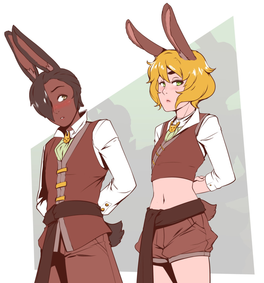 1boy animal_ears arms_behind_back blonde_hair blush brit_(d-rex) brown_hair brown_pants brown_shorts commentary cowboy_shot crop_top d-rex dark-skinned_male dark_skin english_commentary female green_eyes hair_over_one_eye highres long_sleeves looking_at_another midriff navel original pants rabbit_boy rabbit_ears rabbit_girl rabbit_ornament shirt short_hair short_shorts shorts tail vest white_shirt